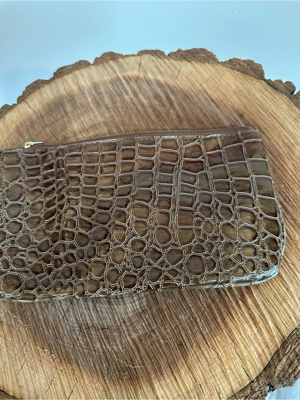 Croc-Embossed Zip Wallet Clutch in Brown
